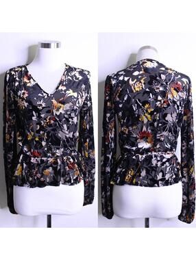 Rachel Roy Black Velvet Burnout Floral Peplum Blouse - Small